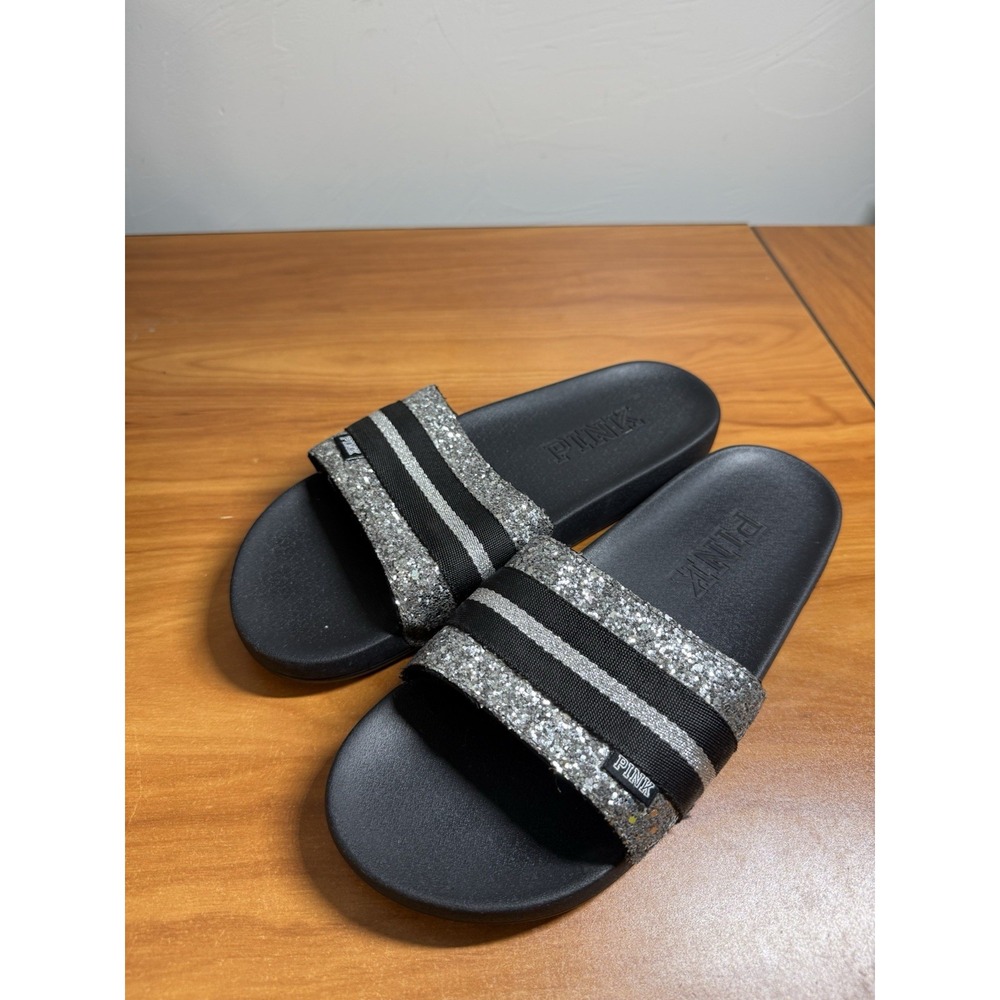 Victoria's Secret Pink Single Strap Silver Glitter Logo Slides Sandals W8